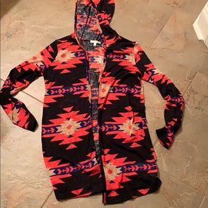 Small hooded aztec print long cardigan